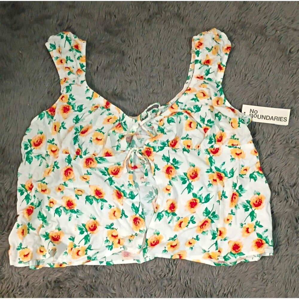 No Boundaries White Floral Cropped Tank Top Square Neck Tie Front 2XL
